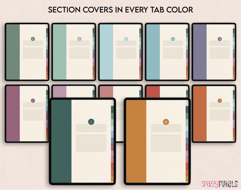 May include: A set of 12 digital planner section covers in various colors, including teal, purple, orange, and green. Each cover features a simple design with a number and a blank space for text.