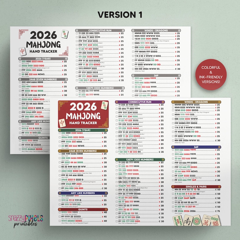 2026 Mahjong Hand Tracker Printable PDF, American Mahjong, Mah Jongg, Mahjong Scorecard, Mahjong Tiles, Mahjong Game Night
