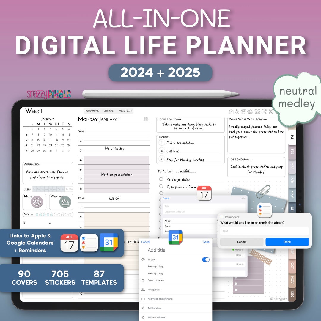 2024 2025 Digital Daily Planner neutrals, Dated Life Planner for