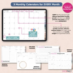 digital monthly calendars for personal, school and custom events, apple calendar and google calendar links, monthly habit trackers