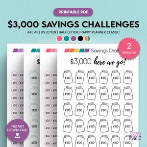 Puede incluir: Plantilla de seguimiento de desafío de ahorro de 3.000 € imprimible con dos versiones. La plantilla presenta una cuadrícula de 30 botes, cada uno etiquetado con 100 €. La plantilla está diseñada para usar con un Happy Planner Classic.