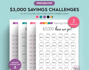 3000 Savings Challenge (Printable PDF), 3k Savings Tracker Printable, Money Saving Challenge, 3k Savings Goal | 5 Sizes, Instant Download