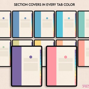 Puede incluir: Un conjunto de 10 cubiertas de secci&oacute;n imprimibles para una agenda o un cuaderno. Cada cubierta presenta una pesta&ntilde;a de color diferente y un dise&ntilde;o simple con un c&iacute;rculo en la esquina superior izquierda. Los colores incluyen azul, verde, amarillo, naranja, morado, rosa, y m&aacute;s.