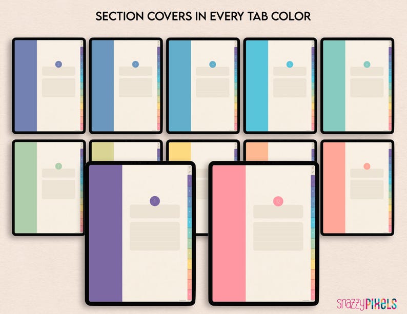 Puede incluir: Un conjunto de 10 cubiertas de secci&oacute;n imprimibles para una agenda o un cuaderno. Cada cubierta presenta una pesta&ntilde;a de color diferente y un dise&ntilde;o simple con un c&iacute;rculo en la esquina superior izquierda. Los colores incluyen azul, verde, amarillo, naranja, morado, rosa, y m&aacute;s.