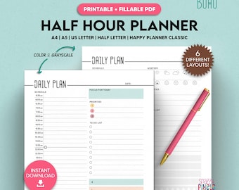 Half Hourly Daily Planner Printable, Fillable PDF, Boho Style