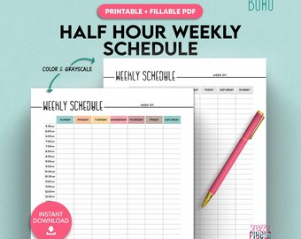 Half Hourly Weekly Schedule Printable Fillable PDF, To Do List Organizer Planner, Work From Home, Week at a Glance Agenda, Planner Inserts
