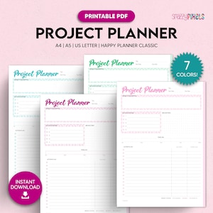 Planificador de proyectos imprimible, plantilla de proyecto, seguimiento de proyectos, planificador de trabajo, lista de tareas, gestión de proyectos / A4, A5, carta de EE. UU., Happy Planner