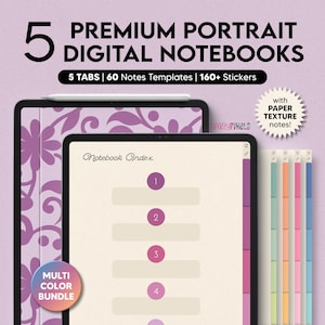 5 cyfrowych notatników (wielokolorowych), 5 zakładek do Goodnotes Notability, cyfrowy notatnik na iPada, szablony cyfrowych notatek, notatnik studencki