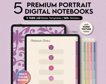 May include: Five digital notebooks with a purple floral design, a notebook index with four numbered sections, and a multi-color bundle label. The notebooks include 60 note templates, 160+ stickers, and paper texture notes.