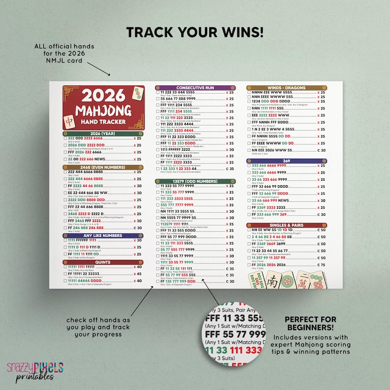 2026 Mahjong Hand Tracker Printable PDF, American Mahjong, Mah Jongg, Mahjong Scorecard, Mahjong Tiles, Mahjong Game Night