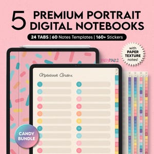 May include: Digital notebook bundle with a pink candy-themed cover. The image shows two tablets displaying a notebook index and tabs. Text includes "5 Premium Portrait Digital Notebooks", "24 Tabs, 60 Notes Templates, 160+ Stickers", and "Candy Bundle".