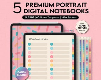 5 Digital Notebooks (Candy), 24 Tabs for Goodnotes Notability, Digital Notebook for iPad, Digital Notes Templates, Student Notebook