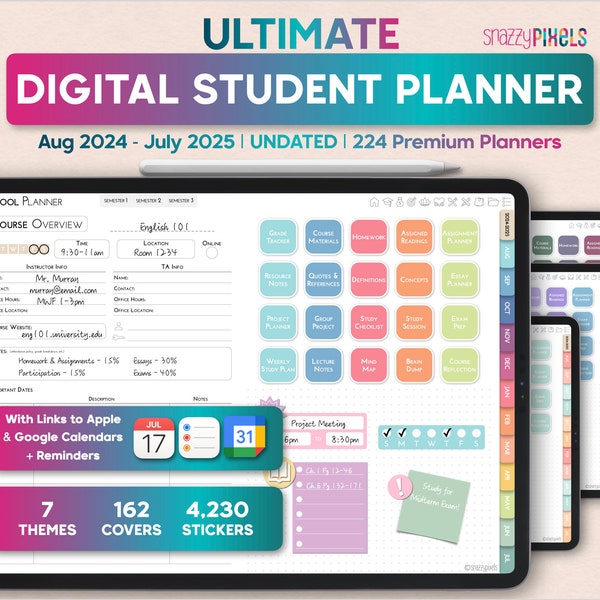 Digital Student Planner UNDATED & DATED 2024-2025 Academic Planner, Digital College Planner, iPad Goodnotes Notability Noteshelf Samsung