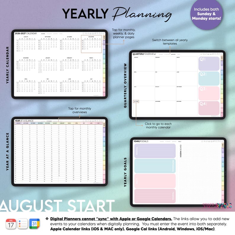 Pode incluir: Uma interface de planejador digital com quatro visualiza&ccedil;&otilde;es distintas: um calend&aacute;rio anual 2026-2027, uma vis&atilde;o geral trimestral com se&ccedil;&otilde;es codificadas por cores, uma grade anual e uma p&aacute;gina de metas anuais com um quadro de vis&atilde;o.
