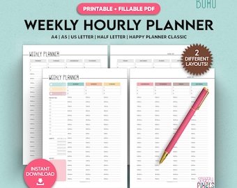 Hourly Weekly Schedule 2 Page Spread, Printable Fillable PDF, Week Organizer Planner, To Do List Work From Home, A4/A5/Letter/Half/Happy