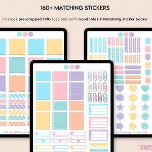 Puede incluir: Un conjunto de pegatinas digitales para aplicaciones de toma de notas como Goodnotes y Notability. Las pegatinas son de colores pastel e incluyen varias formas, como notas, pancartas, corazones, estrellas y flechas. El texto "160+ MATCHING STICKERS" est&aacute; en la parte superior de la imagen.
