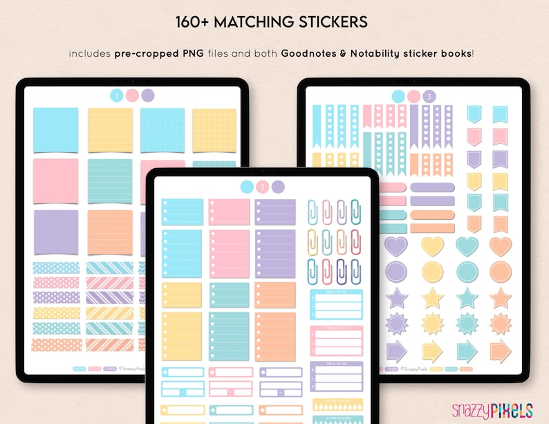 Puede incluir: Un conjunto de pegatinas digitales para aplicaciones de toma de notas como Goodnotes y Notability. Las pegatinas son de colores pastel e incluyen varias formas, como notas, pancartas, corazones, estrellas y flechas. El texto "160+ MATCHING STICKERS" est&aacute; en la parte superior de la imagen.