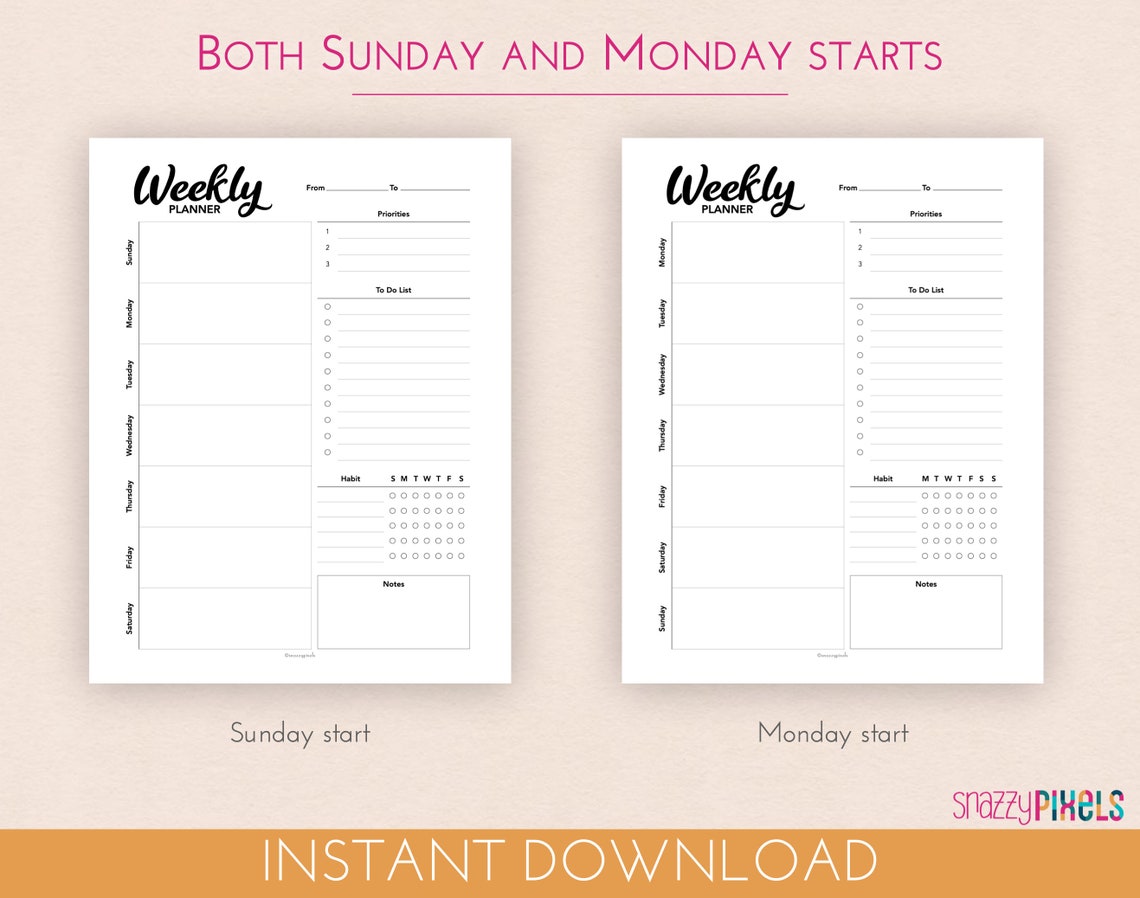 Weekly Planner Printable PDF B&amp;W Weekly Schedule Week - Etsy