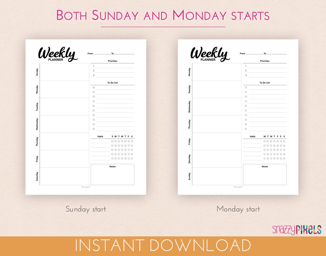 Weekly Planner Printable PDF B&W Weekly Schedule Week - Etsy