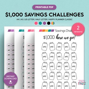 Puede incluir: Plantilla de desafío de ahorro de $1,000 imprimible con dos versiones. La plantilla presenta una cuadrícula de 25 frascos con líneas para escribir cantidades. El texto "Savings Challenge" y "$1,000 here we go!" está en la parte superior de la página.