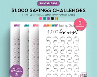 1000 Savings Challenge Printable PDF, 1k Savings Tracker Printable, Money Saving Challenge, Savings Goal Chart | 5 Sizes, Instant Download