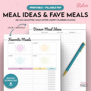 Idées de repas, modèle imprimable de repas préférés, planificateur de repas de menus, suivi de recette A4/A5/US Letter/demi lettre/Happy Planner, PDF à remplir