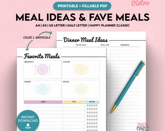 Retro Meal Planner, Favorite Recipes Tracker, Fillable PDF