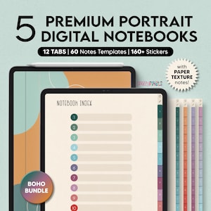 5 quaderni digitali (Boho), 12 schede per Goodnotes Notability, quaderno digitale per iPad, modelli di note digitali, quaderno per studenti