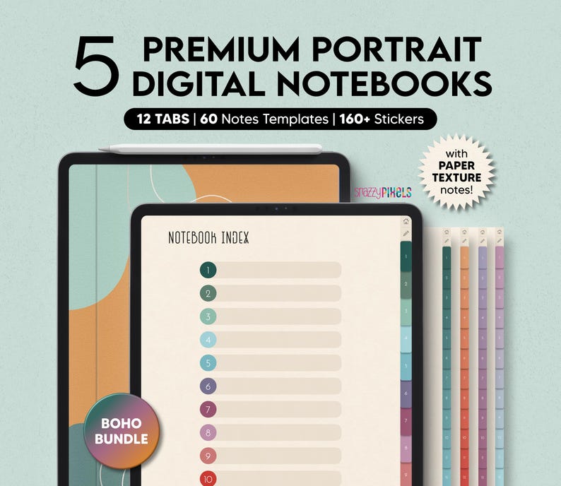 May include: Five digital notebooks with a boho theme. The notebooks have 12 tabs, 60 note templates, and 160+ stickers. The notebooks are displayed on a tablet screen with a notebook index page visible. The notebooks have a paper texture and are designed for use with digital note-taking apps.