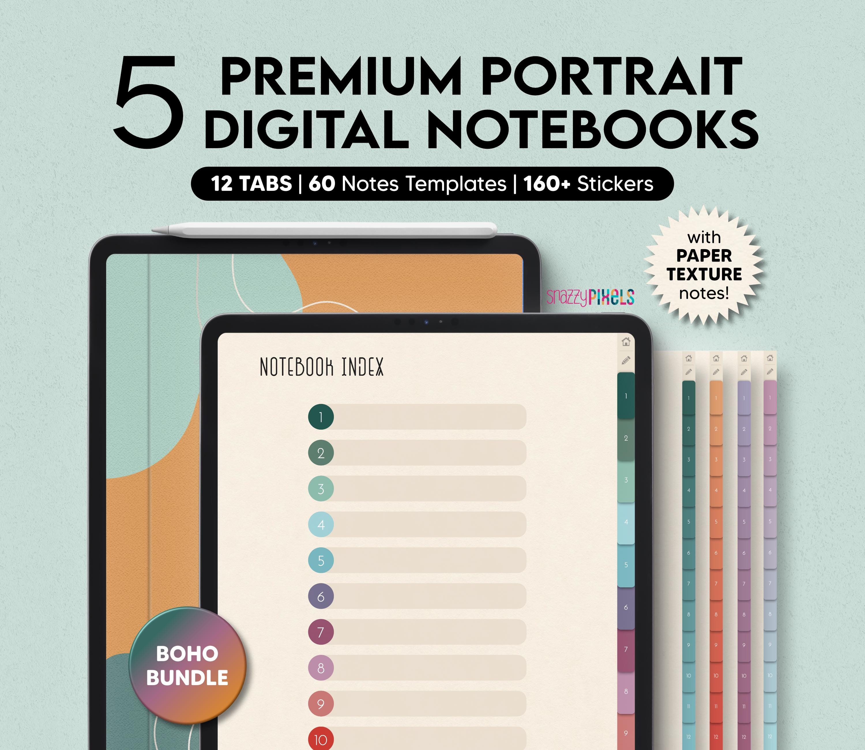 5 Digital Notebooks (Boho), 12 Tabs for Goodnotes Notability, Digital Notebook for iPad, Digital Notes Templates, Student Notebook