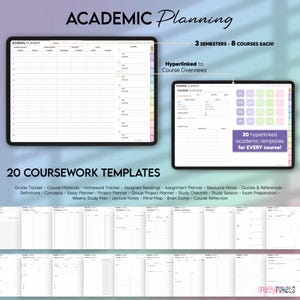 Pode incluir: Um planejador escolar digital com layout de cronograma semanal e uma p&aacute;gina de vis&atilde;o geral do curso com 20 modelos acad&ecirc;micos com hiperlinks. A interface inclui se&ccedil;&otilde;es para 3 semestres com 8 cursos cada, rastreadores de notas e ferramentas.