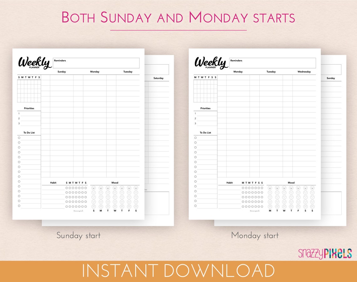 Weekly Hourly Planner Printable PDF B&amp;W Daily Schedule | Etsy