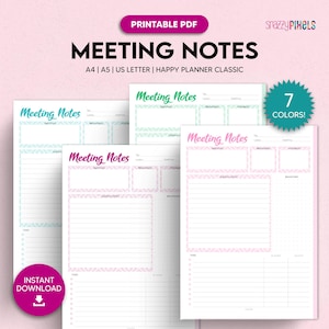 Notas de reunión imprimibles, plantilla de notas de reunión, plantilla de agenda de reunión, actas de reunión, notas comerciales / A4, A5, carta de EE. UU., Happy Planner