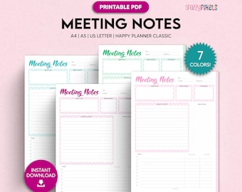 Meeting Notes Printable, Meeting Notes Template, Meeting Agenda Template, Meeting Minutes, Business Notes | A4, A5, US Letter, Happy Planner