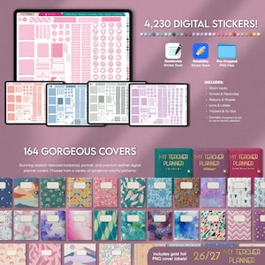 Over 4000 digital stickers and Goodnotes and Notability sticker books included. Also includes over 150 digital planner covers to choose from.