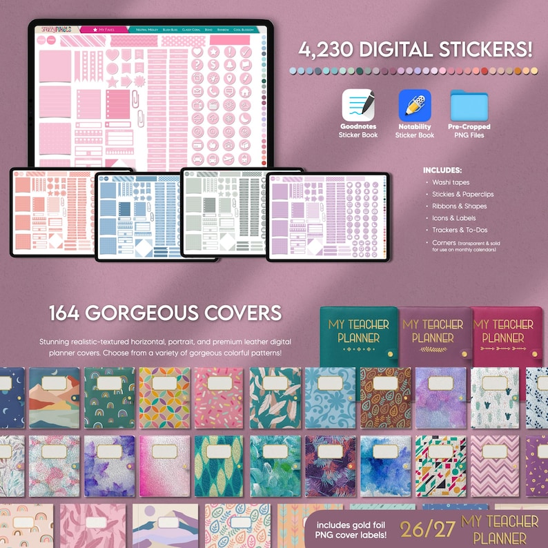 Over 4000 digital stickers and Goodnotes and Notability sticker books included. Also includes over 150 digital planner covers to choose from.