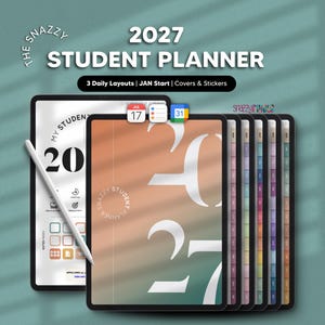 May include: A 2027 digital student planner displayed on tablets with a stylus. The cover features a gradient from orange to green with the text 2027. The planner includes 3 daily layouts, a January start, covers, stickers, and monthly tabs.