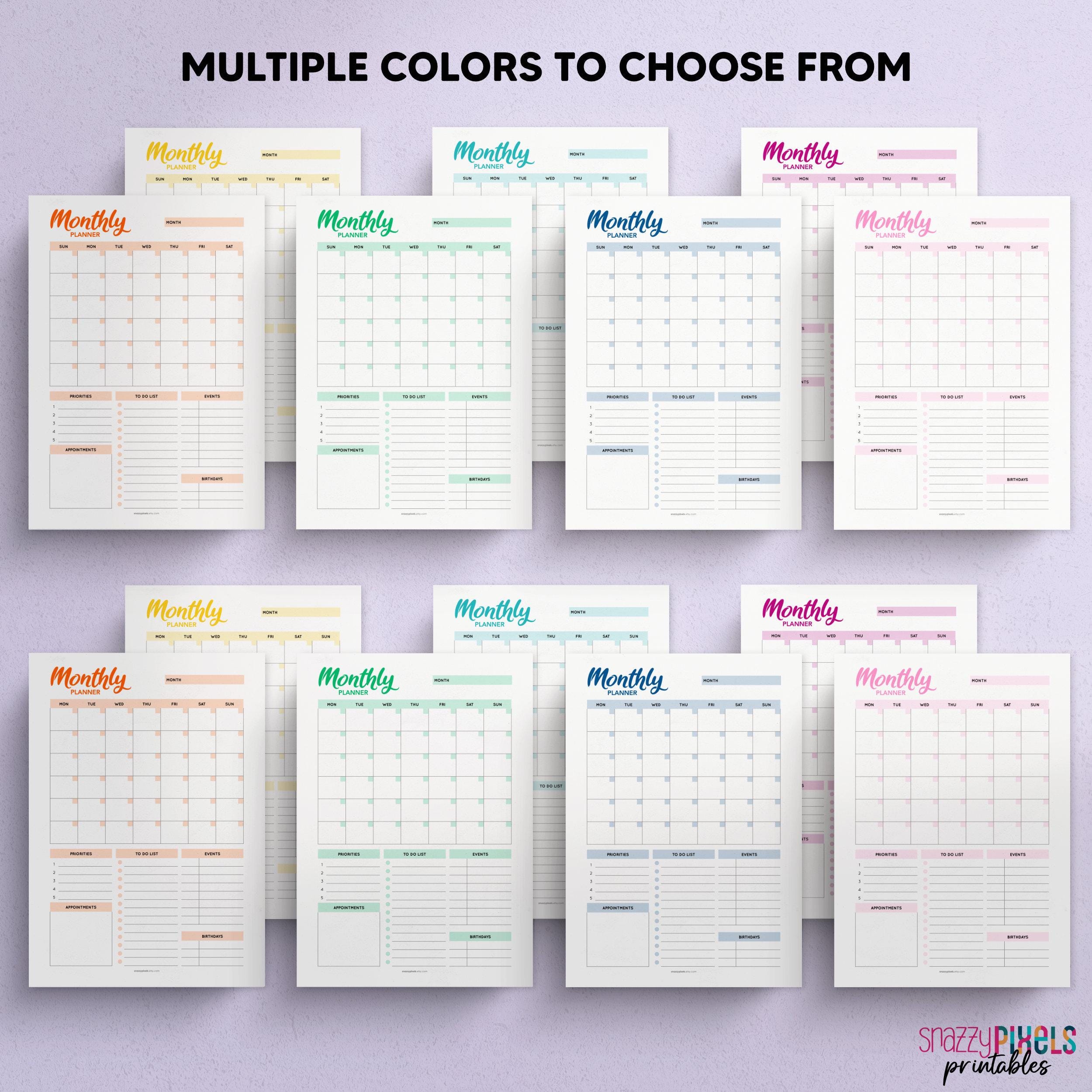 Month at a Glance Planner Printable PDF (color), Month Goals, to Do ...