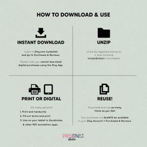 May include: A graphic with instructions on how to download and use a digital product. The graphic has four sections: Instant Download, Unzip, Print or Digital, and Reuse. The graphic includes icons for each section.
