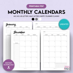 Monthly Calendar Planner Printable PDF (B&W), Undated Calendar Planner Insert, Sunday Monday Start | A4 A5 Letter Half Letter Happy Planner