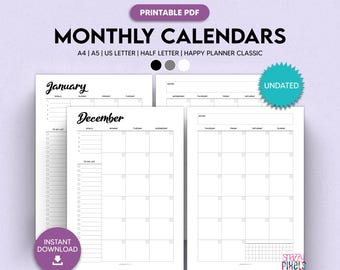 Undated Monthly Calendar Planner, B&W Printable PDF, A4 A5 Letter
