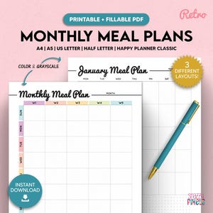 Modèle imprimable de planificateur de repas mensuel, planificateur de menus, planificateur de régime alimentaire, A4/A5/US Letter/demi lettre/Happy Planner, PDF imprimable à remplir