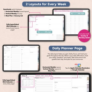 digital weekly boxed layout and digital hourly schedule pages, digital daily student planner and hyperlinked academic calendar