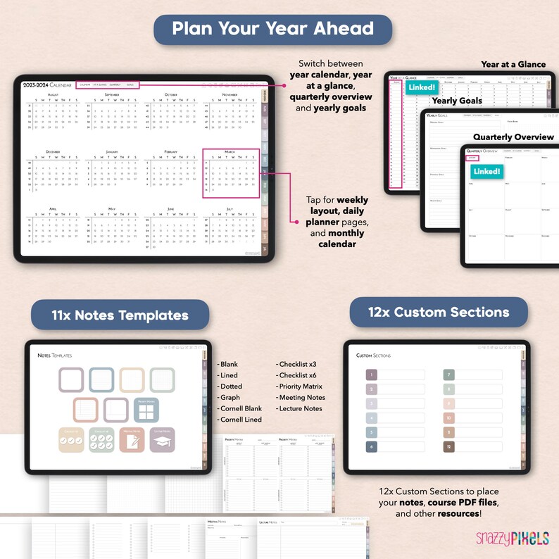 hyperlinked school calendar, year at a glance, yearly goals, digital lecture notes template, Cornell notes pages, custom sections and digital notebooks