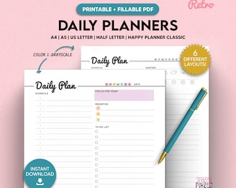 Retro Daily Planner Printable, Fillable PDF, Undated