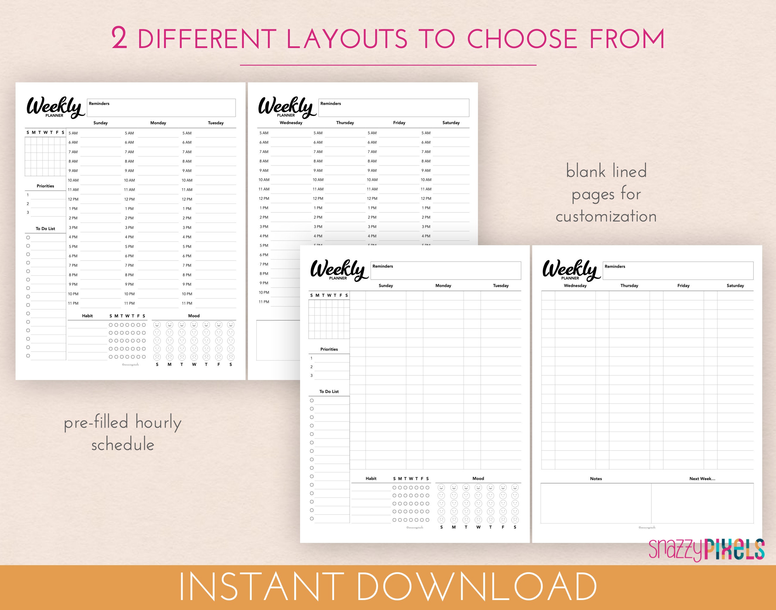 Weekly Hourly Planner Printable PDF B&amp;W Daily Schedule | Etsy