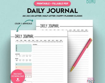 Daily Journal Printable Fillable PDF, Daily Diary Self Care Gratitude Planner, Affirmation Tracker, A5/A4/Letter/Half Size/Happy Inserts