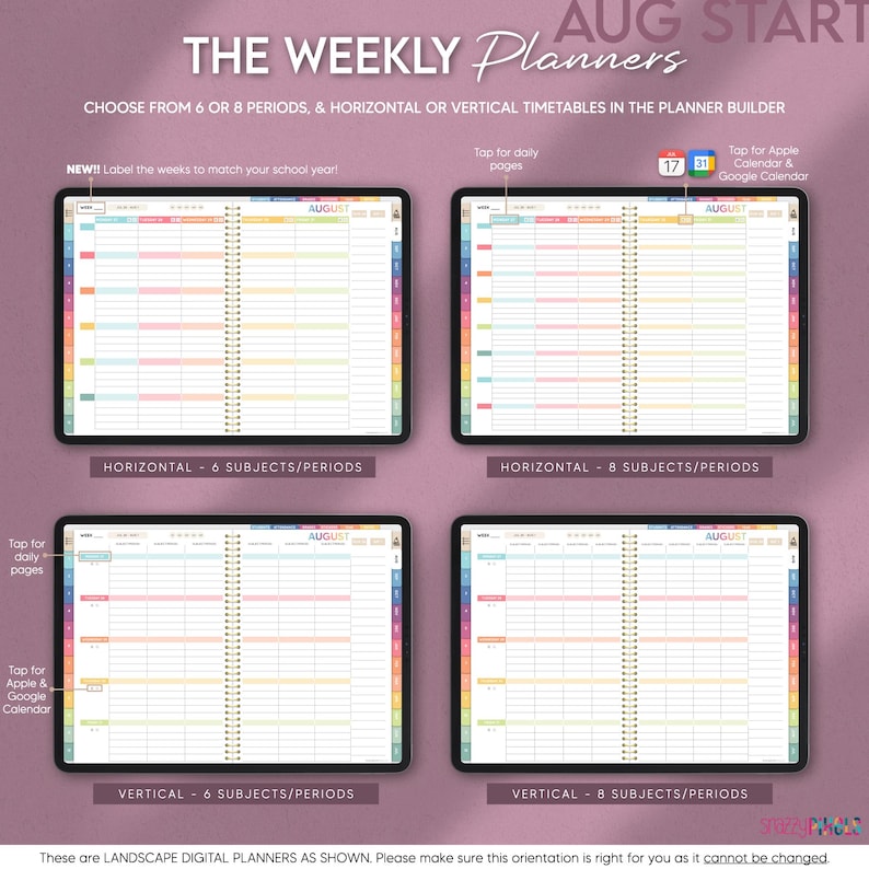 Digital teacher planner includes 6 or 8 subjects or teaching periods on every weekly timetable planning page