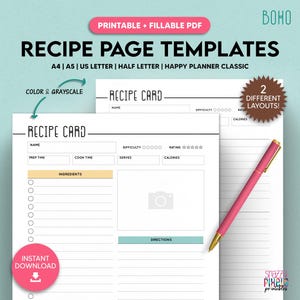 Modèle imprimable de page de recettes, livre de recettes, carte de recettes, carnet de cuisine maison, format A4/A5/US Letter/demi-lettre/Happy Planner, PDF à remplir