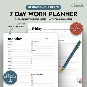 Puede incluir: Planificador de trabajo de 7 días imprimible en color o escala de grises. El planificador tiene secciones para el horario, las principales prioridades, la lista de tareas pendientes, las reuniones y las citas, y las prioridades personales. El planificador está disponible en dos diseños diferentes.